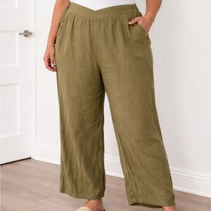 Olive Green Linen Wide Leg Pants 1X High Waist Lightweight Summer Trousers